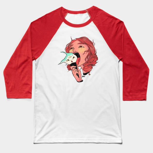 Girl Licking Cat Head Ice Cream Cone Baseball T-Shirt by cellsdividing